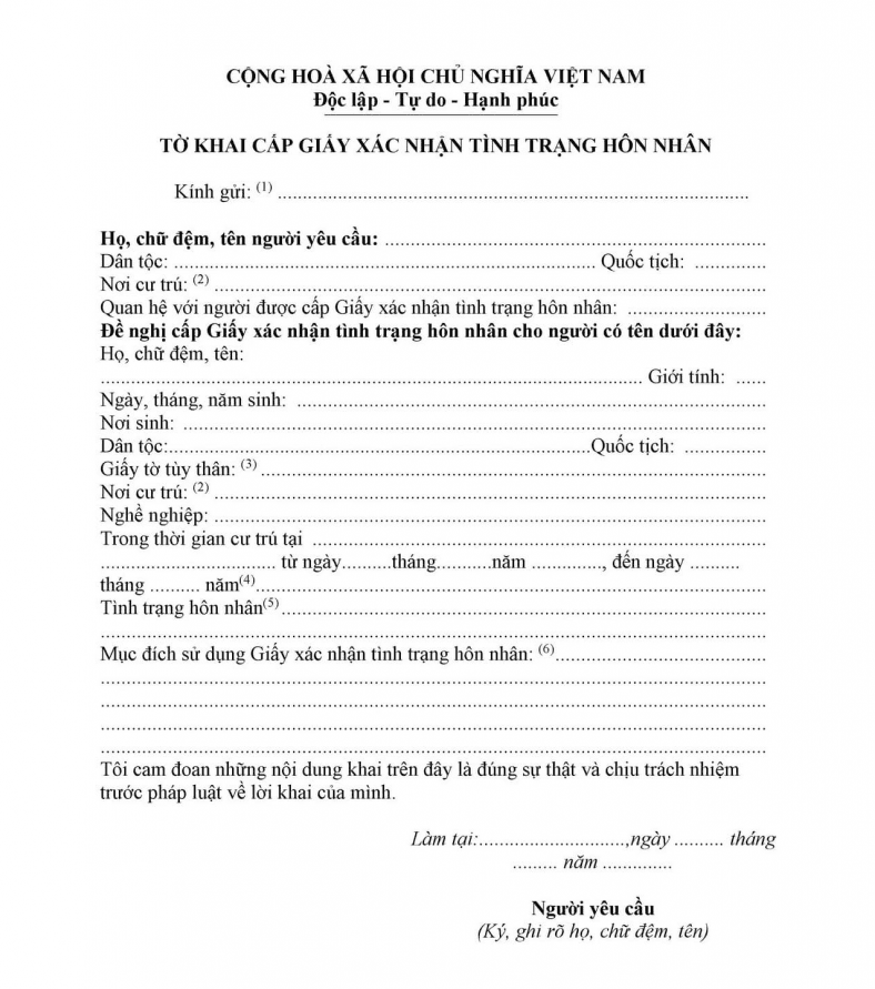 Xác nhận tình trạng hôn nhân theo quy định pháp luật Tờ khai cấp giấy xác nhận tình trạng hôn nhân