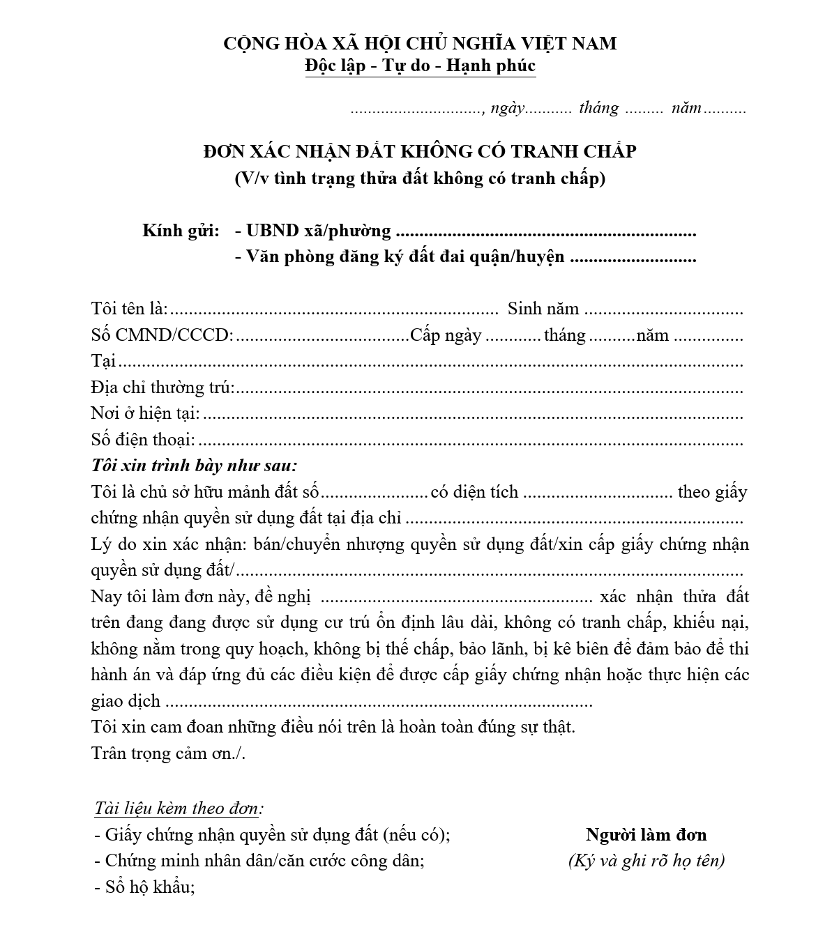 Mẫu đơn xin xác nhận đất không có tranh chấp