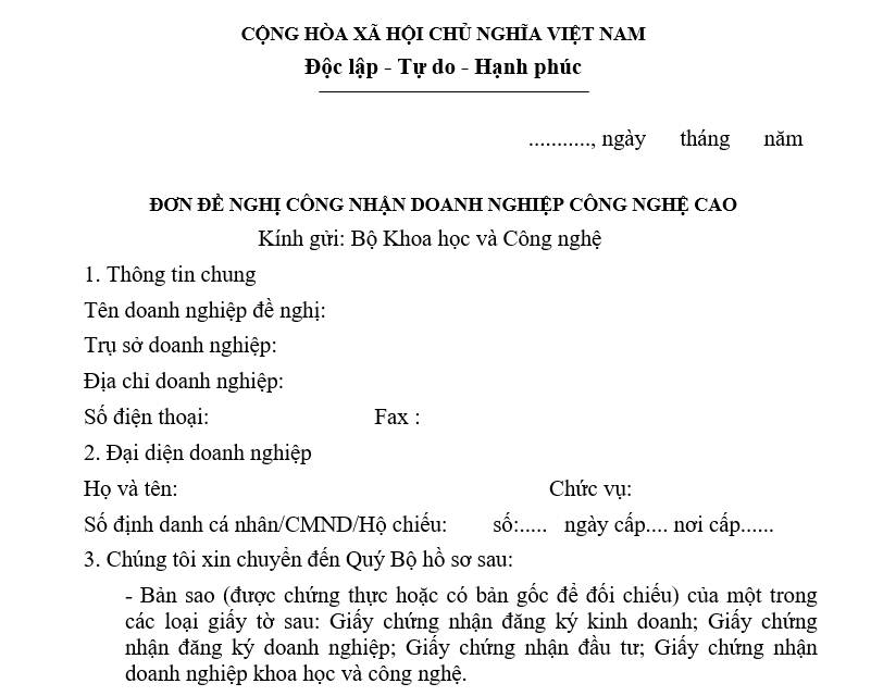 Mẫu Đơn đề nghị công nhận doanh nghiệp công nghệ cao Mẫu Đơn đề nghị công nhận doanh nghiệp công nghệ cao