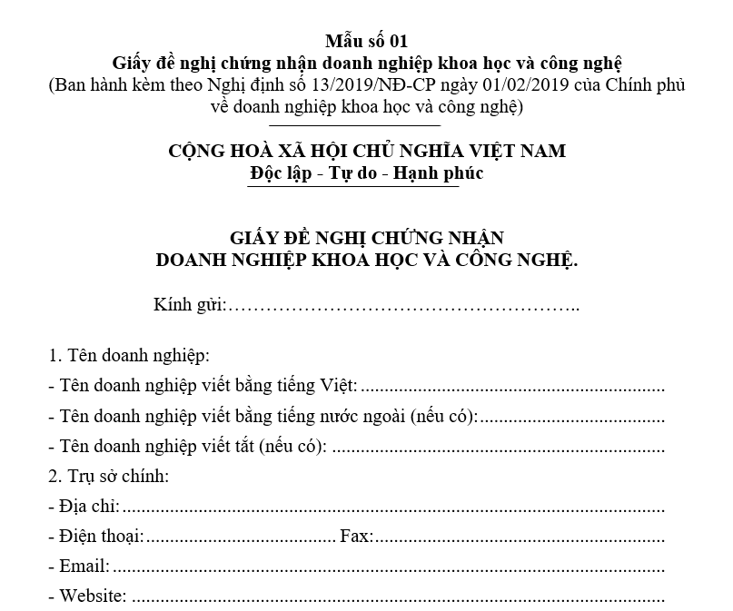 Mẫu giấy đề nghị chứng nhận doanh nghiệp khoa học và công nghệ Giấy đề nghị chứng nhận doanh nghiệp khoa học và công nghệ