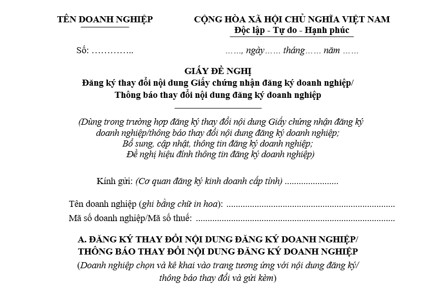Mẫu Giấy đề nghị đăng ký thay đổi nội dung Giấy chứng nhận đăng ký doanh nghiệp/Thông báo thay đổi nội dung đăng ký doanh nghiệp Mẫu Giấy đề nghị đăng ký thay đổi nội dung Giấy chứng nhận đăng ký doanh nghiệp/Thông báo thay đổi nội dung đăng ký doanh nghiệp.