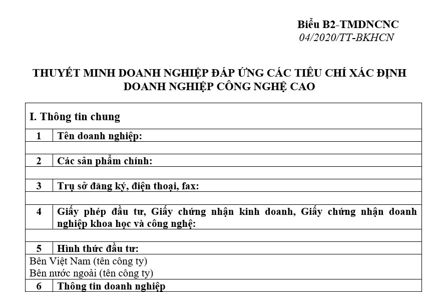 Mẫu Bản thuyết minh doanh nghiệp đã đáp ứng các tiêu chí xác định doanh nghiệp công nghệ cao Mẫu Bản thuyết minh doanh nghiệp đã đáp ứng các tiêu chí xác định doanh nghiệp công nghệ cao