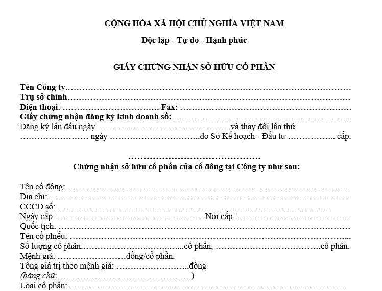 Mẫu giấy chứng nhận sở hữu cổ phần mới nhất 2025 Mẫu giấy chứng nhận sở hữu cổ phần