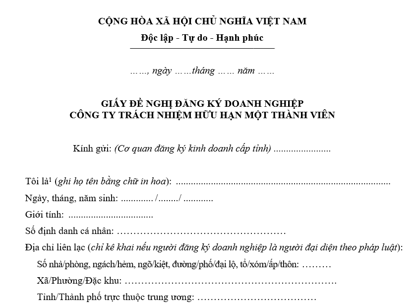 Mẫu Giấy đề nghị đăng ký doanh nghiệp cho Công ty TNHH một thành viên Mẫu Giấy đề nghị đăng ký doanh nghiệp cho Công ty TNHH một thành viên