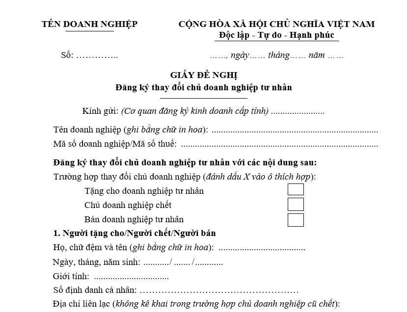 Mẫu Giấy đề nghị đăng ký thay đổi chủ doanh nghiệp tư nhân Mẫu Giấy đề nghị đăng ký thay đổi chủ doanh nghiệp tư nhân