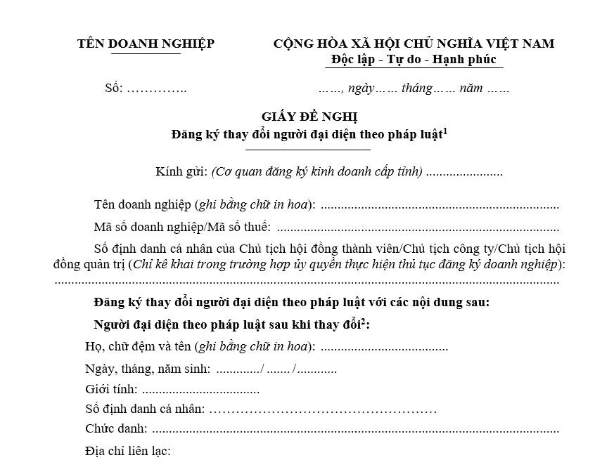 Mẫu Giấy đề nghị đăng ký thay đổi người đại diện theo pháp luật Mẫu Giấy đề nghị đăng ký thay đổi người đại diện theo pháp luật