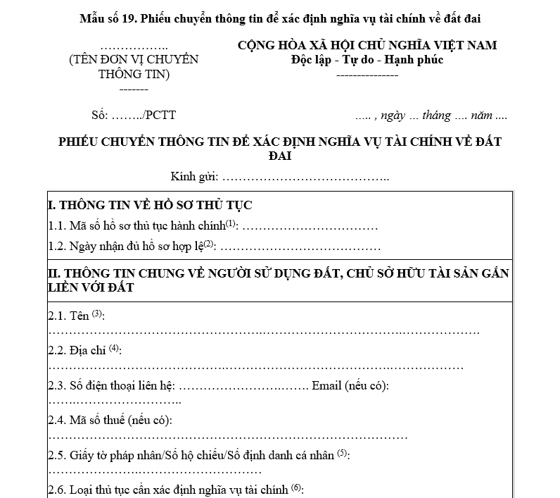 Mẫu Phiếu chuyển thông tin để xác định nghĩa vụ tài chính về đất đai Mẫu Phiếu chuyển thông tin để xác định nghĩa vụ tài chính về đất đai