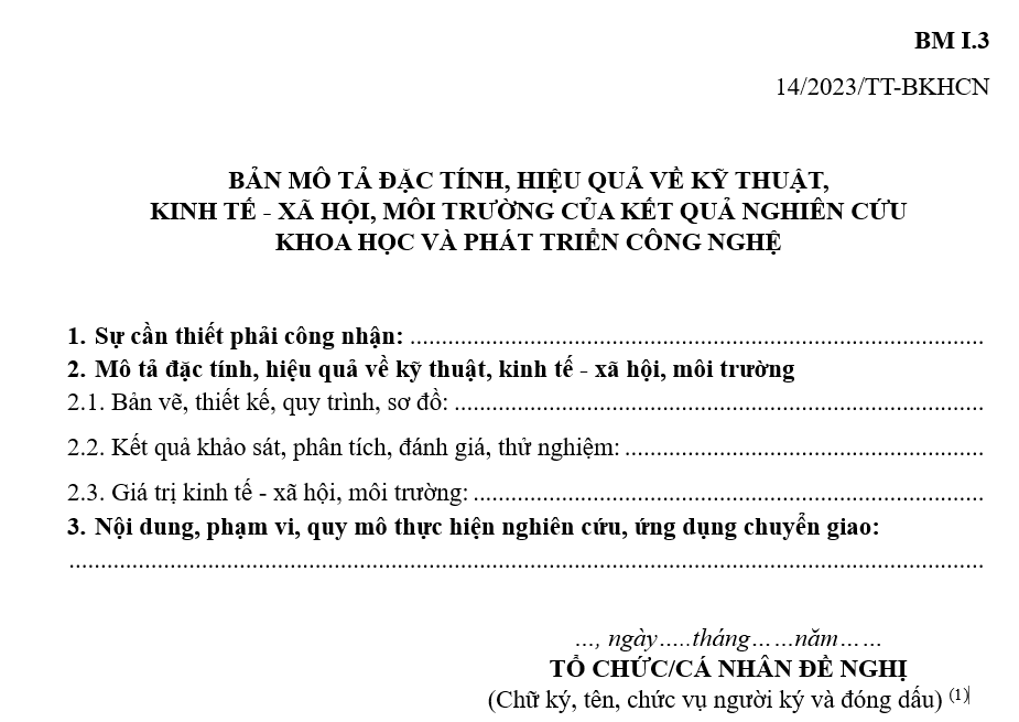 Mẫu tài liệu mô tả đặc tính, hiệu quả về kỹ thuật, kinh tế - xã hội, môi trường của kết quả nghiên cứu khoa học và phát triển công nghệ Mẫu tài liệu mô tả đặc tính, hiệu quả về kỹ thuật, kinh tế - xã hội, môi trường của kết quả nghiên cứu khoa học và phát triển công nghệ