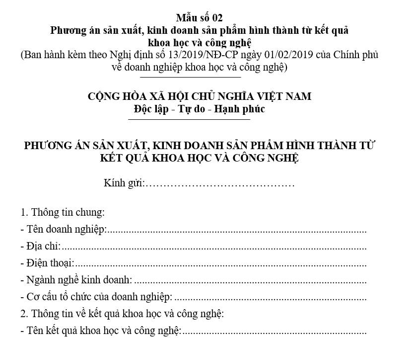 Mẫu Giấy phương án sản xuất, kinh doanh sản phẩm hình thành từ kết quả khoa học và công nghệ Mẫu Giấy phương án sản xuất, kinh doanh sản phẩm hình thành từ kết quả khoa học và công nghệ