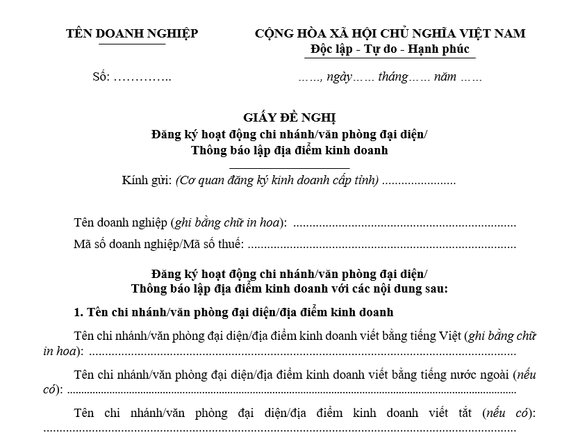 Mẫu Giấy đề nghị đăng ký hoạt động chi nhánh/ văn phòng đại diện/ Thông báo lập địa điểm kinh doanh Giấy đề nghị Đăng ký hoạt động chi nhánh/văn phòng đại diện/ Thông báo lập địa điểm kinh doanh