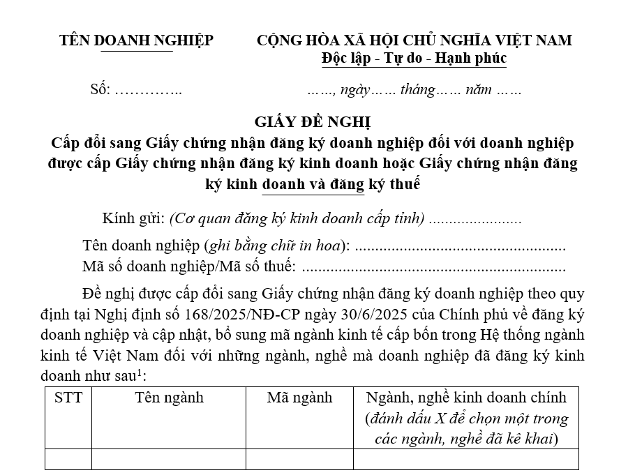 Mẫu Giấy đề nghị cấp đổi sang Giấy chứng nhận đăng ký doanh nghiệp đối với doanh nghiệp được cấp Giấy chứng nhận đăng ký kinh doanh hoặc Giấy chứng nhận đăng ký kinh doanh và đăng ký thuế Mẫu Giấy đề nghị cấp đổi sang Giấy chứng nhận đăng ký doanh nghiệp đối với doanh nghiệp được cấp Giấy chứng nhận đăng ký kinh doanh hoặc Giấy chứng nhận đăng ký kinh doanh và đăng ký thuế