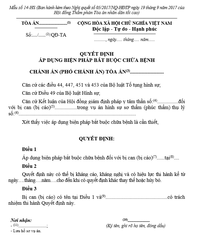 Mẫu Quyết định áp dụng biện pháp bắt buộc chữa bệnh (dùng cho Chánh án, Phó Chánh án Tòa án trong giai đoạn xét xử) Mẫu Quyết định áp dụng biện pháp bắt buộc chữa bệnh (dùng cho Chánh án, Phó Chánh án Tòa án trong giai đoạn xét xử)