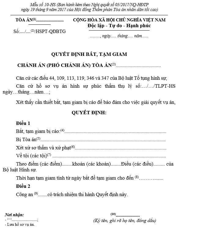 Mẫu Quyết định bắt, tạm giam (áp dụng trong giai đoạn chuẩn bị xét xử phúc thẩm đối với bị cáo đang được tại ngoại) Mẫu Quyết định bắt, tạm giam (áp dụng trong giai đoạn chuẩn bị xét xử phúc thẩm đối với bị cáo đang được tại ngoại)