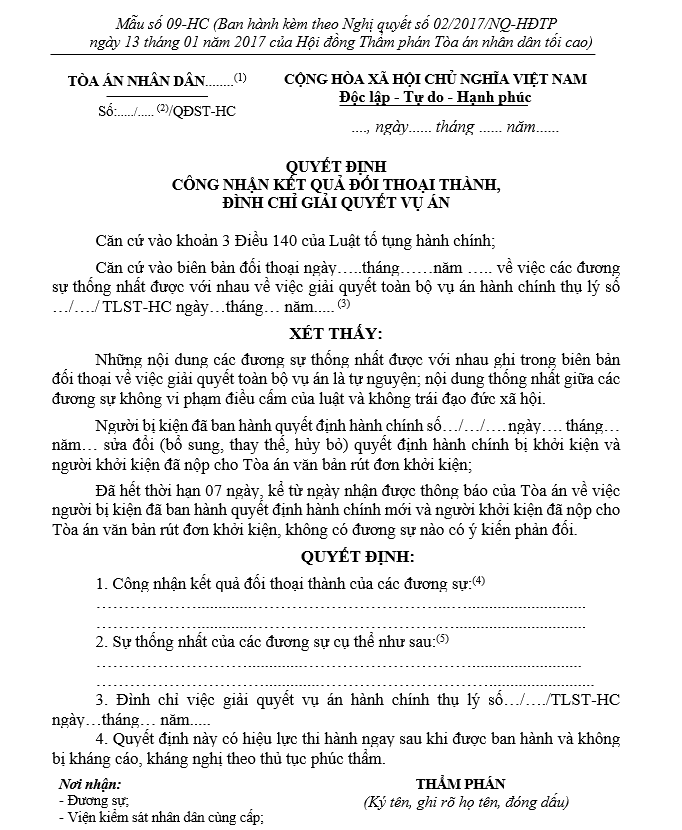 Mẫu Quyết định công nhận kết quả đối thoại thành, đình chỉ giải quyết vụ án Mẫu Quyết định công nhận kết quả đối thoại thành, đình chỉ giải quyết vụ án