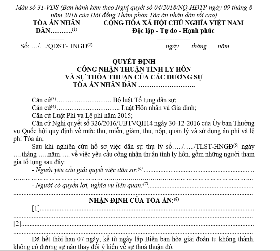 Mẫu Quyết định công nhận thuận tình ly hôn và sự thỏa thuận của các đương sự Mẫu Quyết định công nhận thuận tình ly hôn và sự thỏa thuận của các đương sự