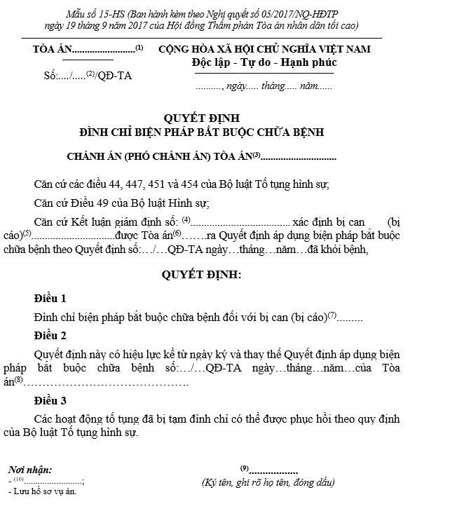 Mẫu Quyết định đình chỉ biện pháp bắt buộc chữa bệnh Mẫu Quyết định đình chỉ biện pháp bắt buộc chữa bệnh
