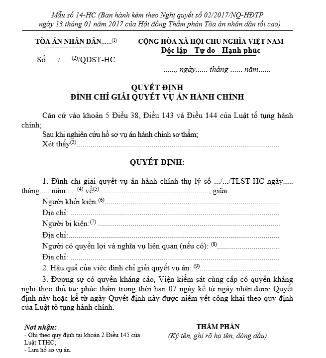 Mẫu Quyết định đình chỉ giải quyết vụ án hành chính (dành cho Thẩm phán) Mẫu Quyết định đình chỉ giải quyết vụ án hành chính (dành cho Thẩm phán)