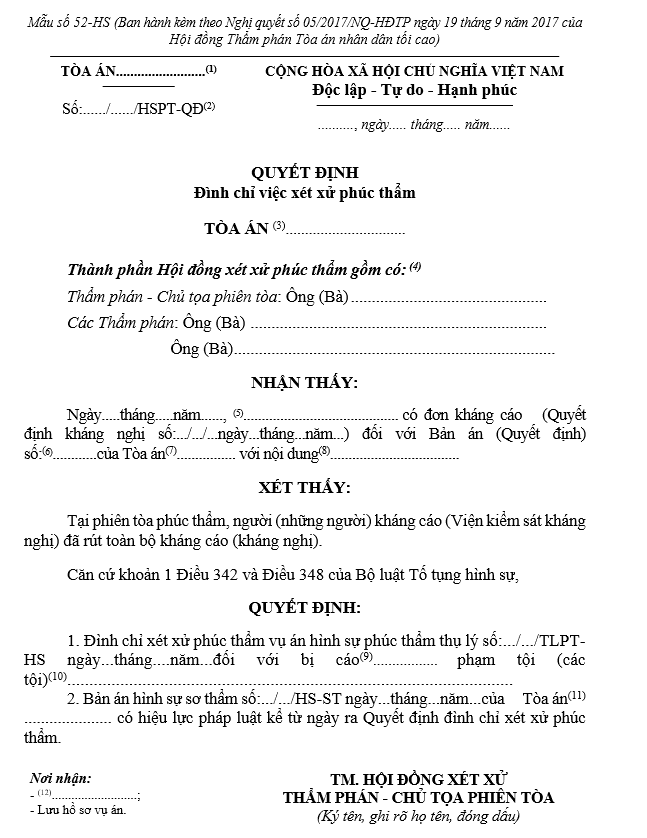 Mẫu Quyết định đình chỉ việc xét xử phúc thẩm (dùng cho Hội đồng xét xử) Mẫu Quyết định đình chỉ việc xét xử phúc thẩm (dùng cho Hội đồng xét xử)