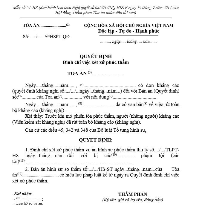 Mẫu Quyết định đình chỉ việc xét xử phúc thẩm (dùng cho Thẩm phán chủ tọa phiên tòa) Mẫu Quyết định đình chỉ việc xét xử phúc thẩm (dùng cho Thẩm phán chủ tọa phiên tòa)