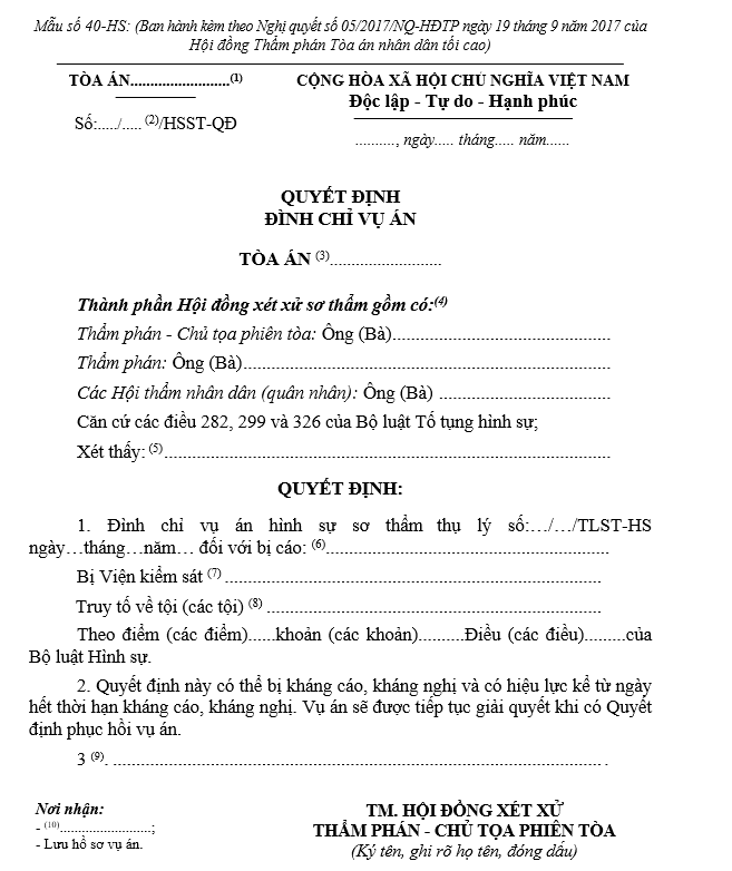Mẫu Quyết định đình chỉ vụ án (dùng cho Hội đồng xét xử sơ thẩm) Mẫu Quyết định đình chỉ vụ án (dùng cho Hội đồng xét xử sơ thẩm)