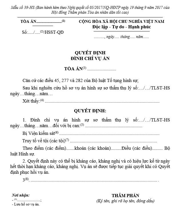 Mẫu Quyết định đình chỉ vụ án (dùng cho Thẩm phán được phân công chủ tọa phiên tòa) Mẫu Quyết định đình chỉ vụ án (dùng cho Thẩm phán được phân công chủ tọa phiên tòa)
