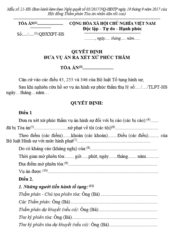 Mẫu Quyết định đưa vụ án ra xét xử phúc thẩm Mẫu Quyết định đưa vụ án ra xét xử phúc thẩm