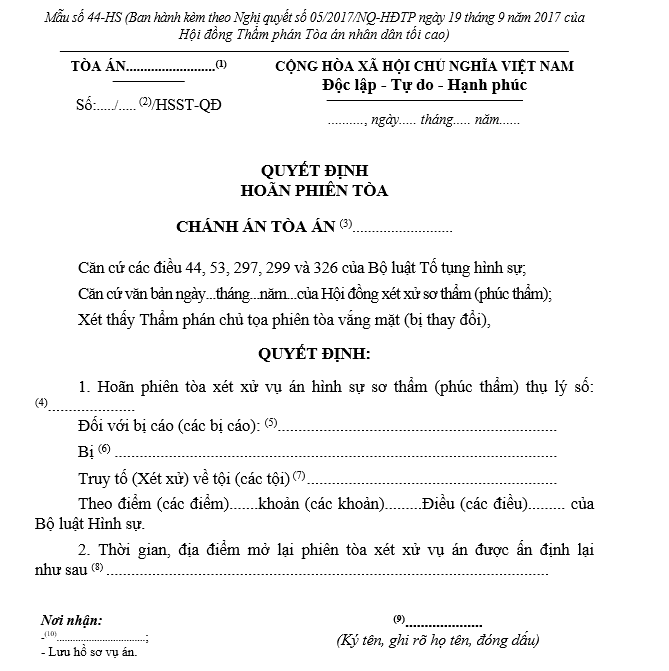 Mẫu Quyết định hoãn phiên tòa (dùng cho Chánh án Tòa án) Mẫu Quyết định hoãn phiên tòa (dùng cho Chánh án Tòa án)