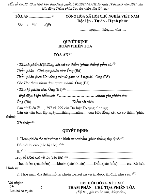 Mẫu Quyết định hoãn phiên tòa (dùng cho Hội đồng xét xử) Mẫu Quyết định hoãn phiên tòa (dùng cho Hội đồng xét xử)