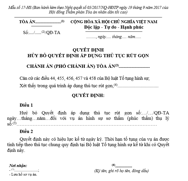 Mẫu Quyết định hủy bỏ Quyết định áp dụng thủ tục rút gọn Mẫu Quyết định hủy bỏ Quyết định áp dụng thủ tục rút gọn