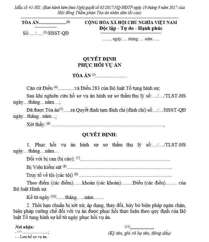 Mẫu Quyết định phục hồi vụ án (dùng cho Chánh án Tòa án, Thẩm phán được phân công chủ tọa phiên tòa) Mẫu Quyết định phục hồi vụ án (dùng cho Chánh án Tòa án, Thẩm phán được phân công chủ tọa phiên tòa)