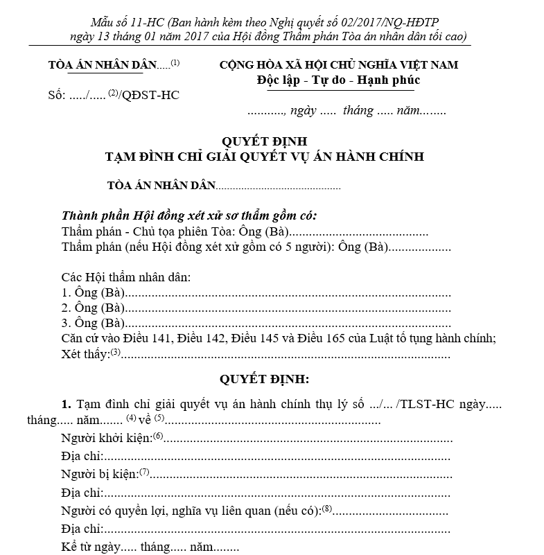Mẫu Quyết định tạm đình chỉ giải quyết vụ án hành chính (dành cho Hội đồng xét xử) Mẫu Quyết định tạm đình chỉ giải quyết vụ án hành chính (dành cho Hội đồng xét xử)