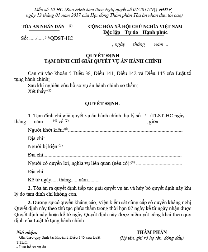 Mẫu Quyết định tạm đình chỉ giải quyết vụ án hành chính (dành cho Thẩm phán) Mẫu Quyết định tạm đình chỉ giải quyết vụ án hành chính (dành cho Thẩm phán)