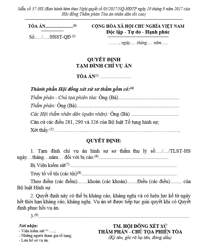 Mẫu Quyết định tạm đình chỉ vụ án (dùng cho Hội đồng xét xử sơ thẩm) Mẫu Quyết định tạm đình chỉ vụ án (dùng cho Hội đồng xét xử sơ thẩm)