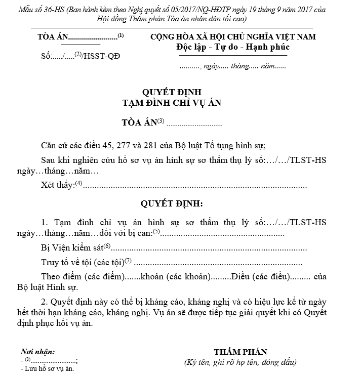 Mẫu Quyết định tạm đình chỉ vụ án (dùng cho Thẩm phán được phân công chủ tọa phiên tòa) Mẫu Quyết định tạm đình chỉ vụ án (dùng cho Thẩm phán được phân công chủ tọa phiên tòa)
