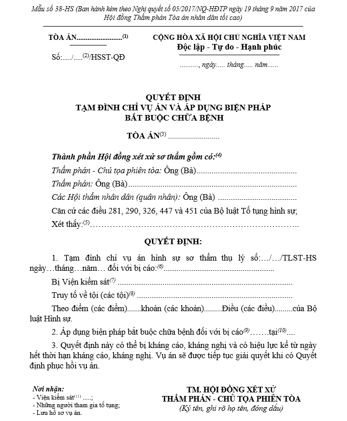 Mẫu Quyết định tạm đình chỉ vụ án và áp dụng biện pháp bắt buộc chữa bệnh (dùng cho Hội đồng xét xử sơ thẩm) Mẫu Quyết định tạm đình chỉ vụ án và áp dụng biện pháp bắt buộc chữa bệnh (dùng cho Hội đồng xét xử sơ thẩm)