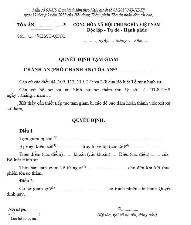 Mẫu Quyết định tạm giam (áp dụng biện pháp tạm giam cho đến khi kết thúc phiên tòa sơ thẩm đối với bị cáo đang bị tạm giam) Mẫu Quyết định tạm giam (áp dụng biện pháp tạm giam cho đến khi kết thúc phiên tòa sơ thẩm đối với bị cáo đang bị tạm giam)