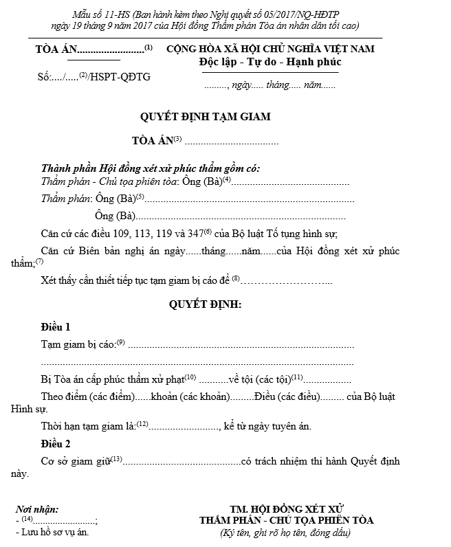 Mẫu Quyết định tạm giam (áp dụng tại phiên tòa phúc thẩm hoặc khi kết thúc phiên tòa phúc thẩm đối với bị cáo đang bị tạm giam) Mẫu Quyết định tạm giam (áp dụng tại phiên tòa phúc thẩm hoặc khi kết thúc phiên tòa phúc thẩm đối với bị cáo đang bị tạm giam)