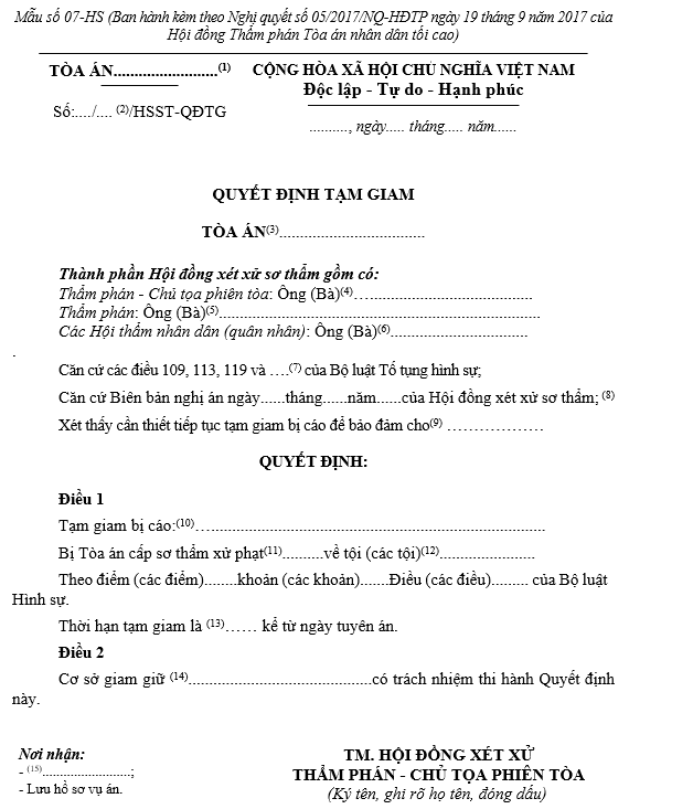 Mẫu Quyết định tạm giam (áp dụng tại phiên tòa sơ thẩm hoặc khi kết thúc phiên tòa sơ thẩm đối với bị cáo đang bị tạm giam) Mẫu Quyết định tạm giam (áp dụng tại phiên tòa sơ thẩm hoặc khi kết thúc phiên tòa sơ thẩm đối với bị cáo đang bị tạm giam)