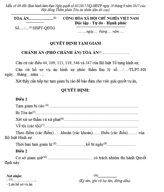 Mẫu Quyết định tạm giam (áp dụng trong giai đoạn chuẩn bị xét xử phúc thẩm đối với bị cáo đang bị tạm giam) Mẫu Quyết định tạm giam (áp dụng trong giai đoạn chuẩn bị xét xử phúc thẩm đối với bị cáo đang bị tạm giam)