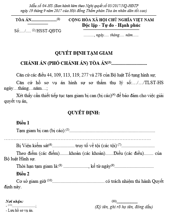 Mẫu Quyết định tạm giam (áp dụng trong giai đoạn chuẩn bị xét xử sơ thẩm đối với bị can, bị cáo đang bị tạm giam) Mẫu Quyết định tạm giam (áp dụng trong giai đoạn chuẩn bị xét xử sơ thẩm đối với bị can, bị cáo đang bị tạm giam)