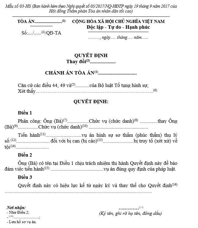 Mẫu Quyết định thay đổi Thẩm phán, Hội thẩm, Thư ký trước khi mở phiên tòa Mẫu Quyết định thay đổi Thẩm phán, Hội thẩm, Thư ký trước khi mở phiên tòa