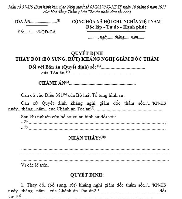 Mẫu Quyết định thay đổi (bổ sung, rút) kháng nghị giám đốc thẩm Mẫu Quyết định thay đổi (bổ sung, rút) kháng nghị giám đốc thẩm