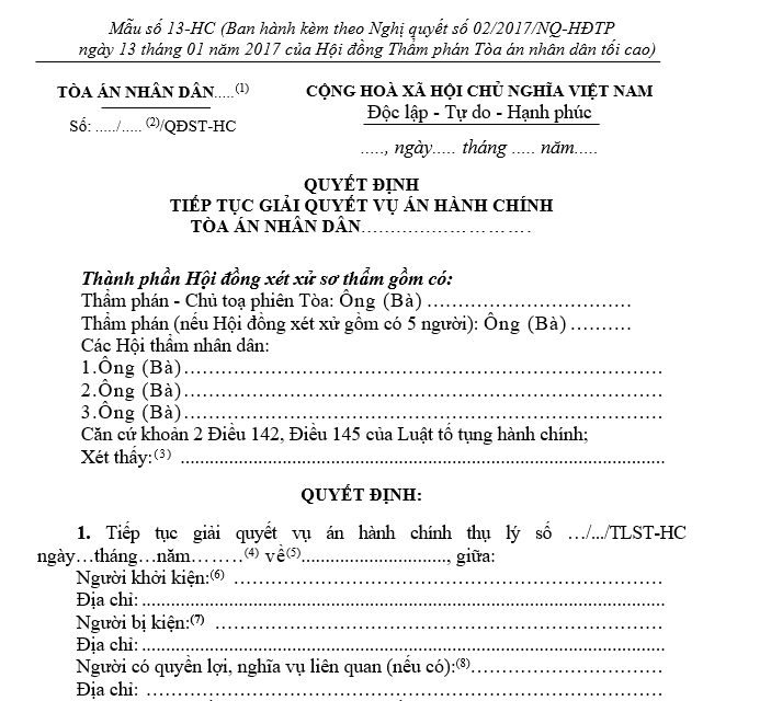 Mẫu Quyết định tiếp tục giải quyết vụ án hành chính (dành cho Hội đồng xét xử) Mẫu Quyết định tiếp tục giải quyết vụ án hành chính (dành cho Hội đồng xét xử)