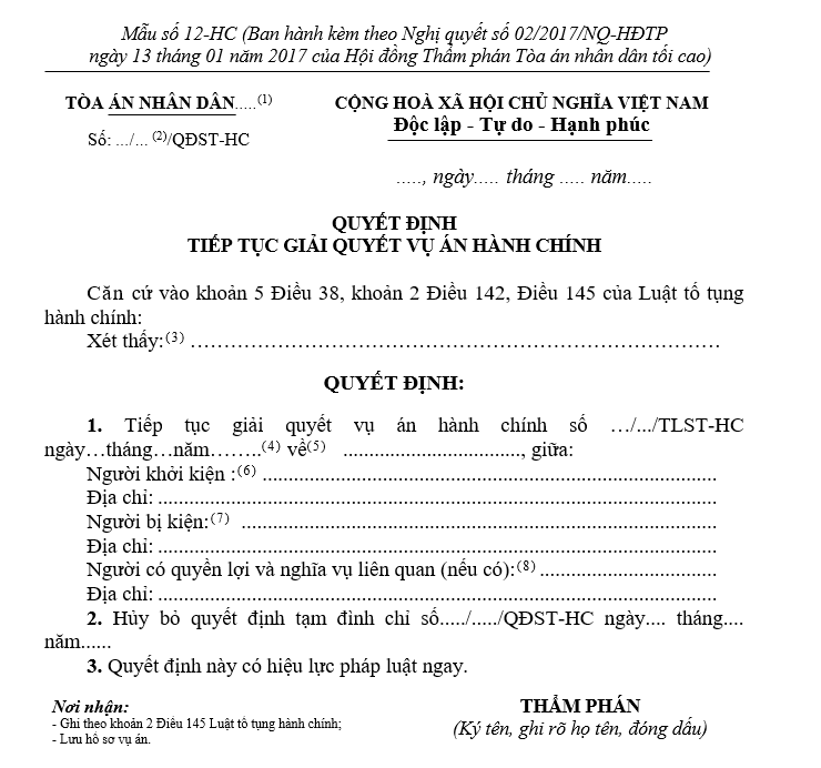 Mẫu Quyết định tiếp tục giải quyết vụ án hành chính (dành cho Thẩm phán) Mẫu Quyết định tiếp tục giải quyết vụ án hành chính (dành cho Thẩm phán)