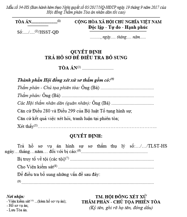Mẫu Quyết định trả hồ sơ để điều tra bổ sung (dùng cho Hội đồng xét xử) Mẫu Quyết định trả hồ sơ để điều tra bổ sung (dùng cho Hội đồng xét xử)