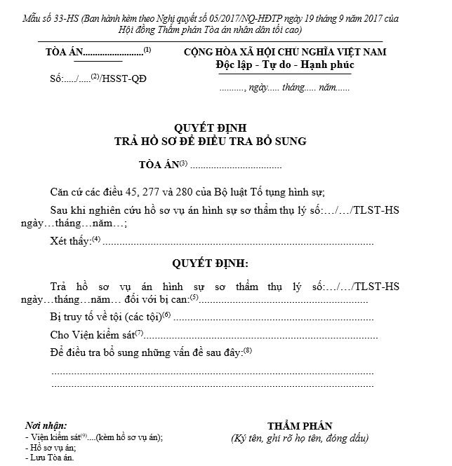 Mẫu Quyết định trả hồ sơ để điều tra bổ sung (dùng cho Thẩm phán được phân công chủ tọa phiên tòa) Mẫu Quyết định trả hồ sơ để điều tra bổ sung (dùng cho Thẩm phán được phân công chủ tọa phiên tòa)