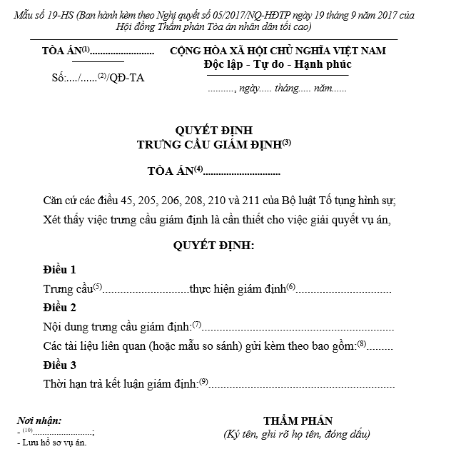 Mẫu Quyết định trưng cầu giám định (dùng cho Thẩm phán được phân công giải quyết vụ án khi xét thấy cần thiết) Mẫu Quyết định trưng cầu giám định (dùng cho Thẩm phán được phân công giải quyết vụ án khi xét thấy cần thiết)