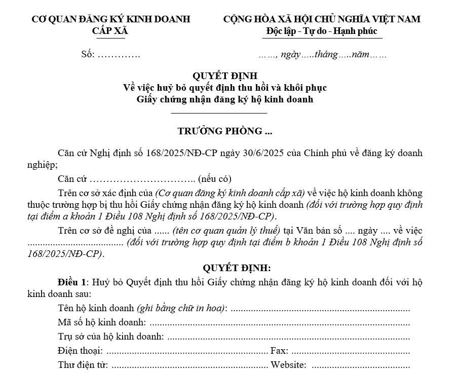 Mẫu Quyết đinh về việc huỷ bỏ quyết định thu hồi và khôi phục Giấy chứng nhận đăng ký hộ kinh doanh Mẫu Quyết đinh về việc huỷ bỏ quyết định thu hồi và khôi phục Giấy chứng nhận đăng ký hộ kinh doanh
