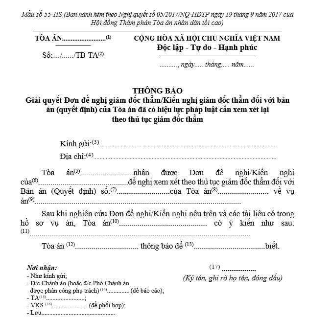 Mẫu Thông báo giải quyết Đơn đề nghị giám đốc thẩm/Kiến nghị giám đốc thẩm/Thông báo bản án (quyết định) của Tòa án đã có hiệu lực pháp luật cần xem xét lại theo thủ tục giám đốc thẩm Mẫu Thông báo giải quyết Đơn đề nghị giám đốc thẩm/Kiến nghị giám đốc thẩm/Thông báo bản án (quyết định) của Tòa án đã có hiệu lực pháp luật cần xem xét lại theo thủ tục giám đốc thẩm