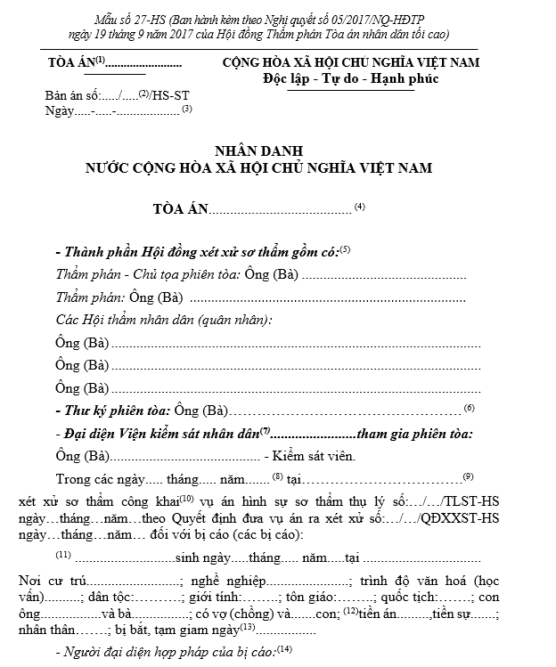 Mẫu bản án hình sự sơ thẩm Mẫu bản án hình sự sơ thẩm